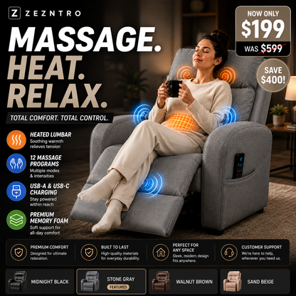 ZEZNTRO CALMREST PRO Heated Massage Recliner in Stone Gray