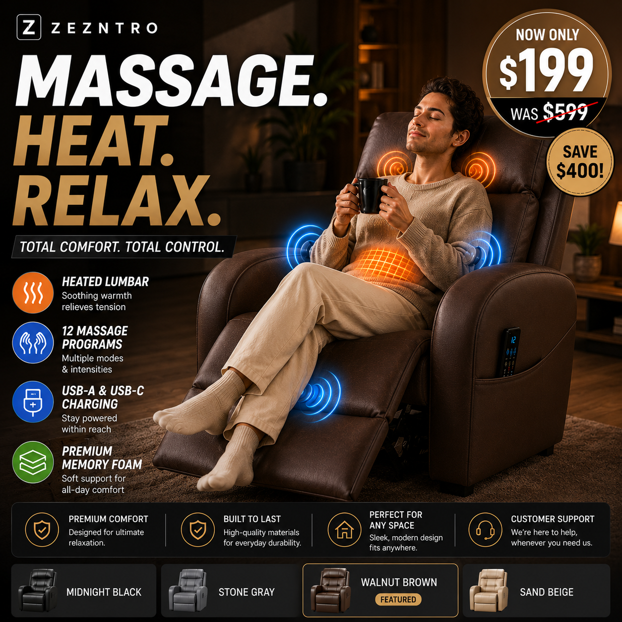ZEZNTRO CALMREST PRO Heated Massage Recliner in Walnut Brown