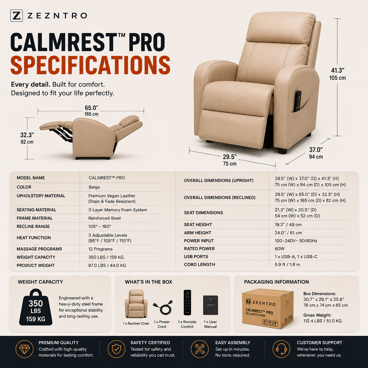 ZEZNTRO CALMREST PRO Heated Massage Recliner - Color Options