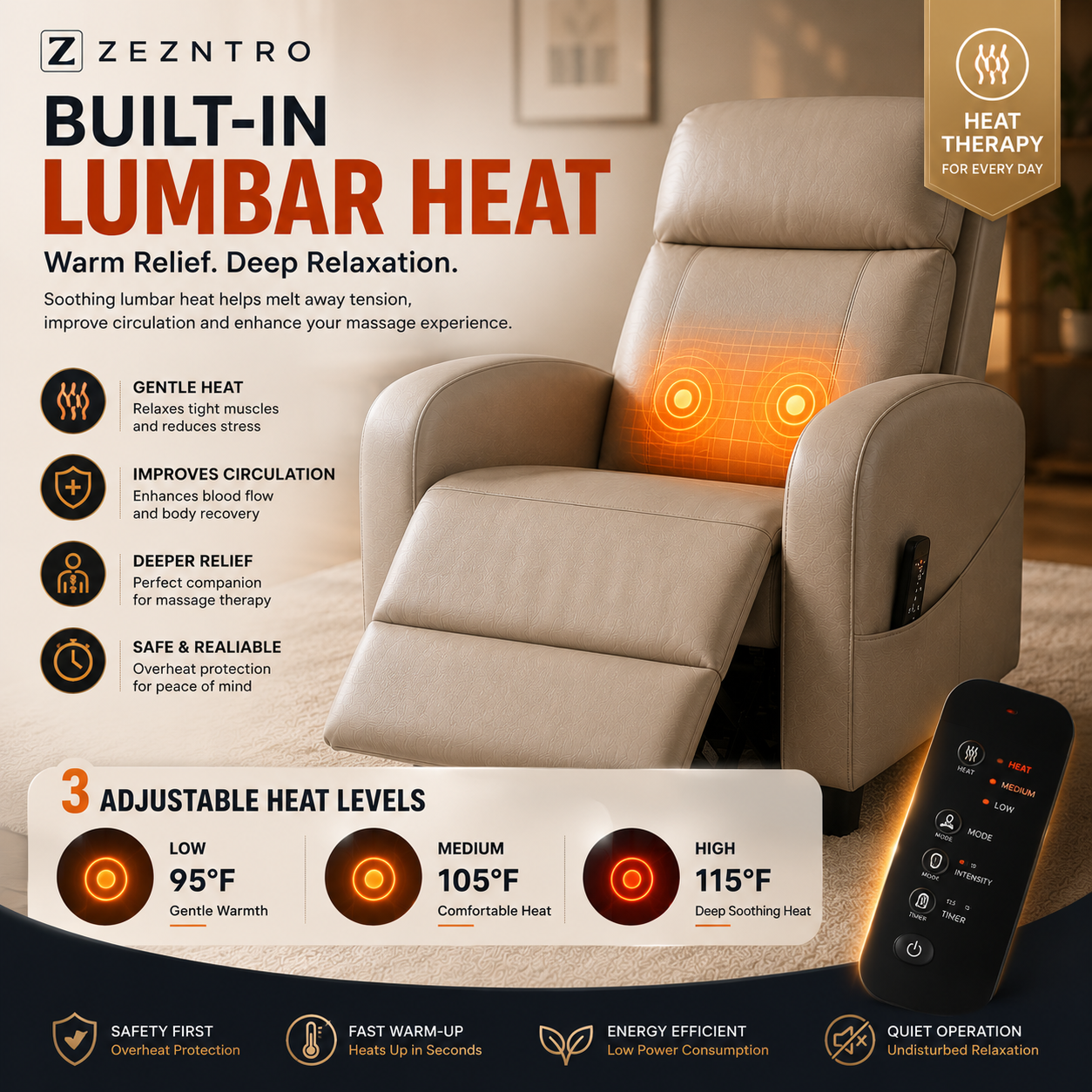 ZEZNTRO CALMREST PRO Heated Massage Recliner - Front View