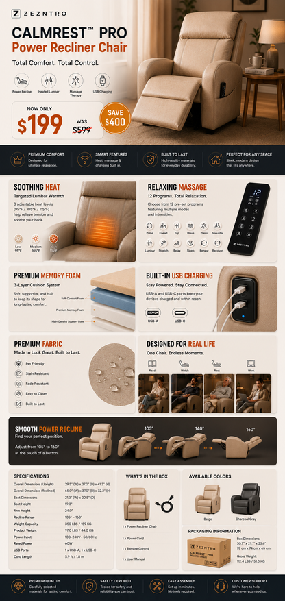 ZEZNTRO CALMREST PRO Heated Massage Recliner - Lifestyle
